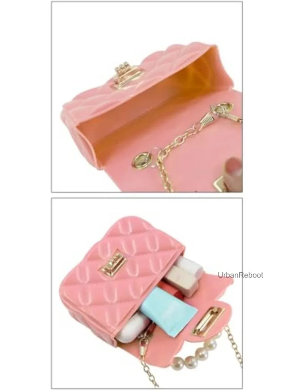 Girls Mini PVC Satchel Crossbody Purse with Pearl Handle & Chain Strap